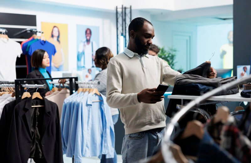 Clothes retail market shopper using smartphone while shopping for casual apparel. African american man holding jacket on rack and checking discount deal in mobile phone boutique app