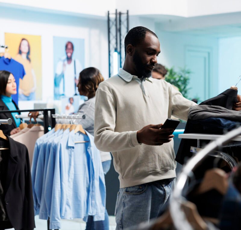 Clothes retail market shopper using smartphone while shopping for casual apparel. African american man holding jacket on rack and checking discount deal in mobile phone boutique app