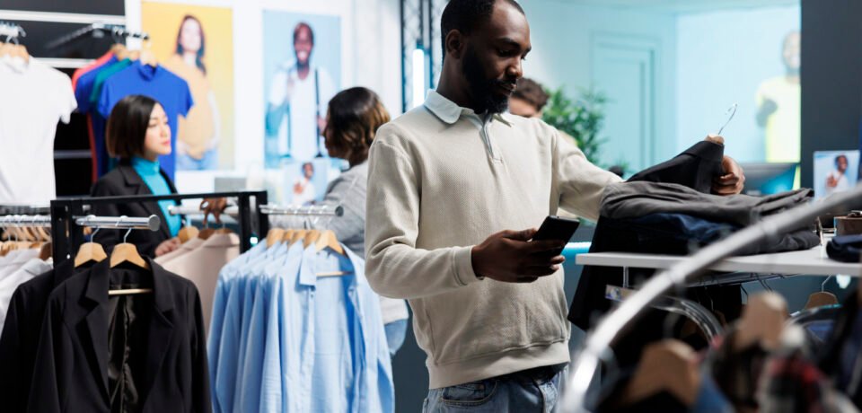 Clothes retail market shopper using smartphone while shopping for casual apparel. African american man holding jacket on rack and checking discount deal in mobile phone boutique app